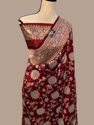 Maroon Pure Katan Silk Banarasi Handloom Saree - All Over Sona Roopa Jaal Work